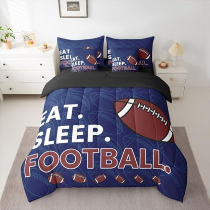 Erosebridal Rugby Gaming Kids Boys King 7-Piece Comforter Set | Football Sports Sheets and Pillowcases Ball Games Bed in A Bag Navy Blue Bed Sets