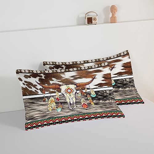 HOSIMA Western Bedding Longhorn Skull Queen Comforter Set 3 Pieces,Western Highland Cowhide Print Bedding for Boys Teens Soft Microfiber Fluffy Comforter Farmhouse Style Room Decor Aesthetic.