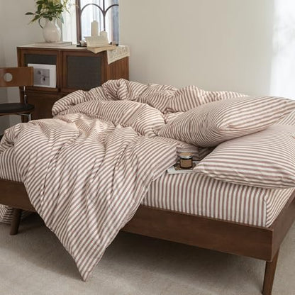 FOSSA Striped Duvet Cover Set 100% Washed Cotton Linen Feel Full