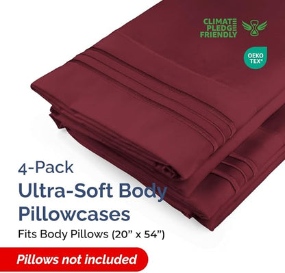 Body Pillowcases Set of 4-20x54 Long Body Pillow Case - Soft Body Pillow Cover for Sleeping & Side Sleepers - Comfy, Breathable & Fade Free - Machine Washable with Envelope Enclosure - (Burgundy)