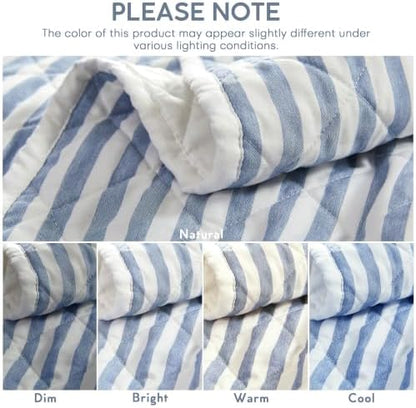 Wonderful - Blue Classic Ticking Stripe Quilt Set King Size, 3-Piece 100% Cotton Face & Fill Nautical Coastal Bedding, Rustic Farmhouse Bedspread Coverlet for All Season