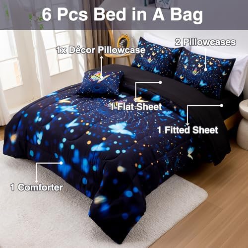 A Nice Night Butterfly 3D Kids Bedding Comforter Set，BlackBlue，Queen