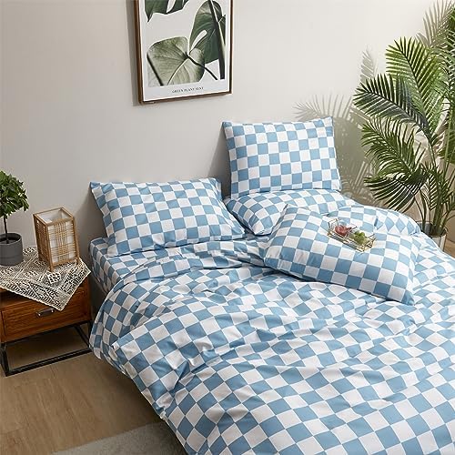 Wellboo Blue White Plaid Comforter Sets Full Women Men Light Blue and White Checkerboard Grid Bedding Comforters Cotton Boys Girls Modern Dusty Blue Checkered Geometric Quilts Luxury Sky Blue Bed