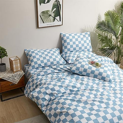 Wellboo Blue White Plaid Comforter Sets California King Women Men Light Blue and White Checkerboard Grid Bedding Comforters Cal King Cotton Dusty Blue Checkered Geometric Quilts Luxury Sky Blue Bed