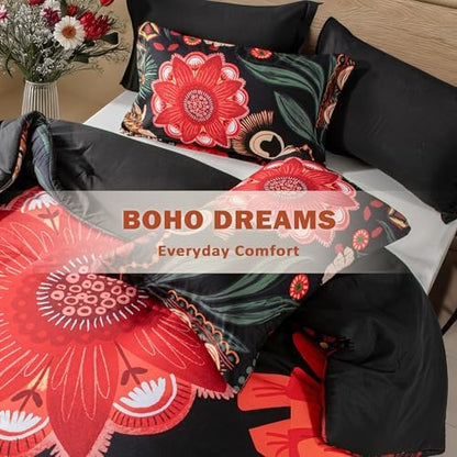 Tyrot Black Red Boho Floral Queen Comforter Set - 3 Piece Farmhouse Botanical Bedding Comforter Sets for All Season Soft Lightweight Mid Century Bed Set, (1 Reversible Comforter and 2 Pillow Shams
