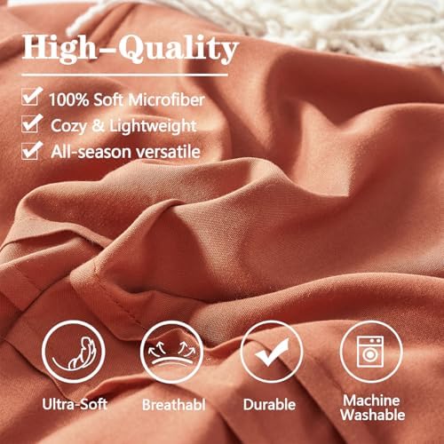 Yogeneg Full Size Comforter Set 7 Piece Bed in a Bag,Grid Pinch Pleat Terracotta Bedding Set,Striped Textured Soft Microfiber Comforter with Sheet Set,All Season Complete Bed Set(Terracotta,Full)