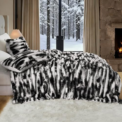 Wonderful Fluffy Faux Rabbit Fur Comforter Set Queen Size, Striped Stitching Tie-Dye Black Plush Fuzzy Bedding Set 3 Pieces, Warm Soft Comforter Bedding Set for Winter, 90"x90"