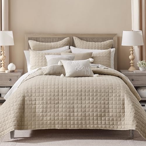 Levtex Home Cloud Waffle King/Cal King Quilt Set (106x92in) and 2 Pillow Shams (36x20in) - Box Quilted Waffle Texture - Flax Beige - Cotton King Size Quilt Bedding Set - Lightweight Soft Pre-Washed