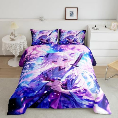 Erosebridal Anime Girl Full Comforter Set for Kids, Kawaii Japanese Anime Bedding Set Cartoon Girl Duvet Insert Sci Fi Style Japanese Animation Quilt for Kids Girls Teens Adult Bedroom