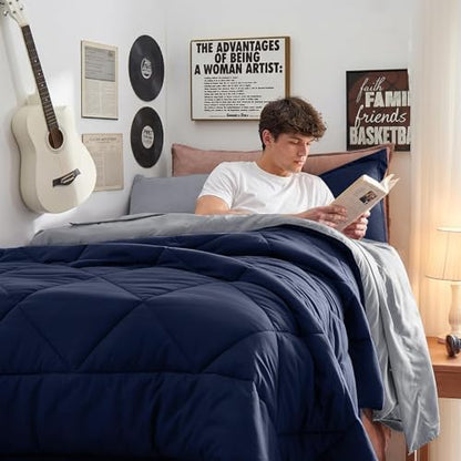 HEVUMYI 5-Piece Twin XL Comforter Set, Navy Blue & Grey Bed in a Bag