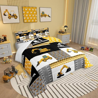 Feelyou Excavator Comforter Construction Vehicles Comforter Set Equipment Trucks Bedding Set for Children Kids Boys Girls Cartoon Car Duvet Set Geometric Lattice Room Decor Quilt Set King Size