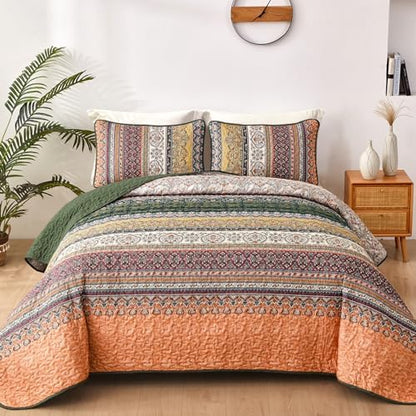 WONGS BEDDING Boho Queen Quilt Set, 3 Pieces Bedspread, Orange Green