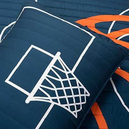 Lush Decor Basketball Game Reversible Quilt Queen Size 5 Piece Set, Full/Queen Navy - Kids Bedding Set - Queen Size Quilt - Sports Décor