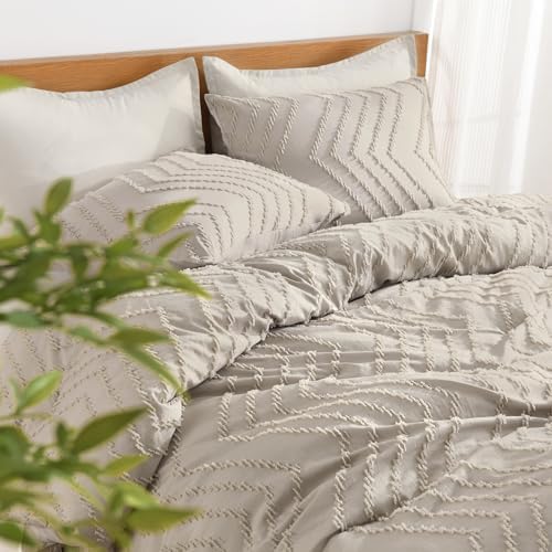 Litanika Light Oatmeal Queen Comforter Set, 3 Pcs Boho Tufted Bedding Set