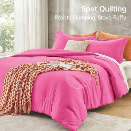 MUXHOMO Oversized Queen Comforter Sets, All Season Ultra Soft Down Alternative Bedding - 3 Piece Lightweight Bed Set Includes 1 Comforter (98"*98") and 2 Pillow Shams (20"x26"), Hot Pink