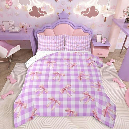 jejeloiu Checkerboard Bowknot Bedding Set Soft for Boys Girls, Pink Bow Comforter Set King Size Plaid Duvet Quilt Microfiber Purple Bedroom Decor 3 Pcs with 2 Pillow Cases