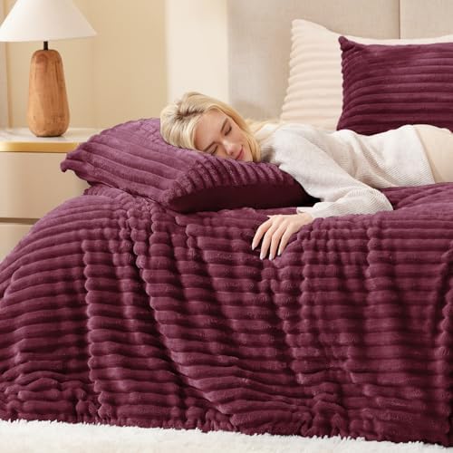 EXQ Home Fluffy Comforter Set Full Size,3 Pieces Bed Set,Burgundy