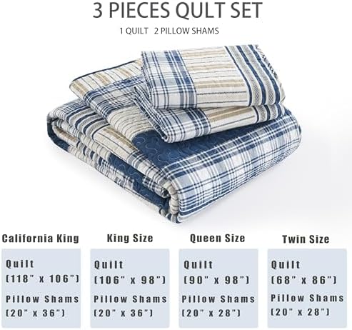 Homzard Queen Comforter Set - Blue White Tan Striped Queen Size Comforter Set,100% Cotton Plaid Quilts Queen Size Bedding Set, Farmhouse Bedspread Lightweight Bedding 3 Pieces All Season