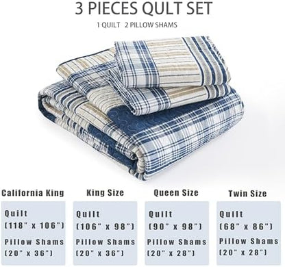 Homzard Queen Comforter Set - Blue White Tan Striped Queen Size Comforter Set,100% Cotton Plaid Quilts Queen Size Bedding Set, Farmhouse Bedspread Lightweight Bedding 3 Pieces All Season