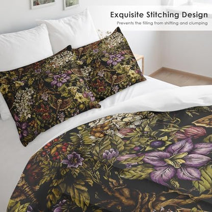 Pamnest Comforter Set Full Size, Vintage Flower Plants Soft 3 Pcs Bedding for Kids and Adults, Skull Moth Witch Comforter Set with 2 Pillowcases, for Bedroom Bed Decor