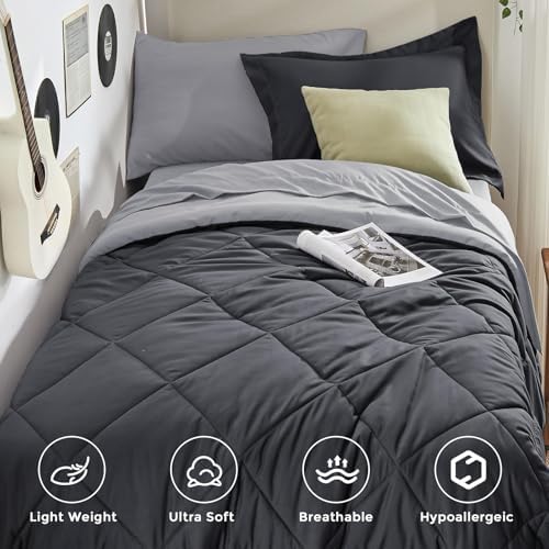HEVUMYI 5-Piece Twin Comforter Set, Dark & Light Grey Bed in a Bag