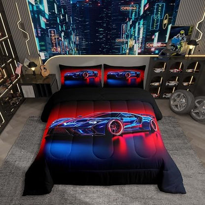 Erosebridal Boys Race Car Twin Size Bedding Set Kids Racing Car Comforter for Teen Boys 3D Red Blue Sports Cars Bedding Comforter Sets,Cars Racing Games Duvet,Cama De Carro para Niños Decoración