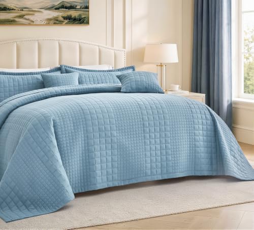 Oversized King Bedspreads 128x120, Grid Stitch, Blue Gray