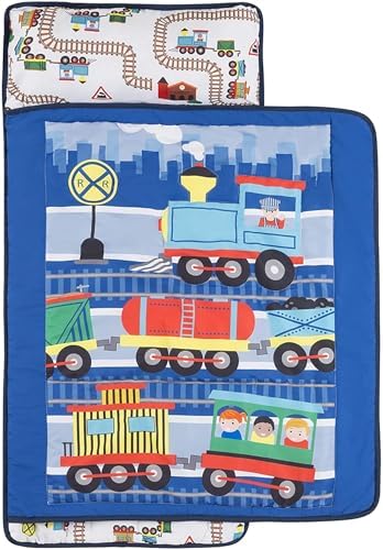 EVERYDAY KIDS Toddler Nap Mat with Removable Pillow -Choo Choo Train- Carry Handle with Fastening Straps Closure, Rollup Design, Soft Microfiber for Preschool, Daycare, Sleeping Bag - Ages 2-6 Years