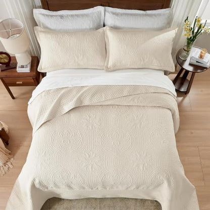 Qucover Queen Bedspread Medallion Pattern Quilt Bedding Set 3 Piece Beige