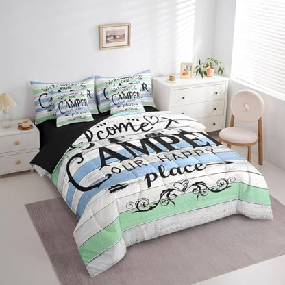 Erosebridal Kids Camping 7 Piece Comforter Set Twin,Rustic Farmhouse Old Barn Door Bed in a Bag with Flat Sheet and Fitted Sheet,Woodland Camper Car Vintage Bedding Set with Pillowcase and Case