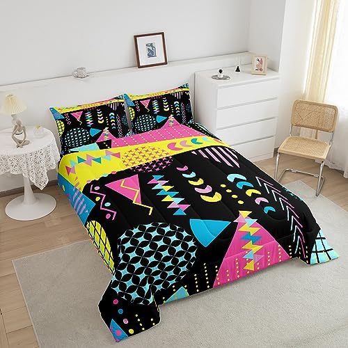 Manfei Memphis Comforter Set King Size, Retro 80s 90s Fashion Style Bedding Set 3pcs for Kids Boys Girls, Colorful Geometric Abstract Quilt Set Soft Polyester Duvet Set with 2 Pillowcases