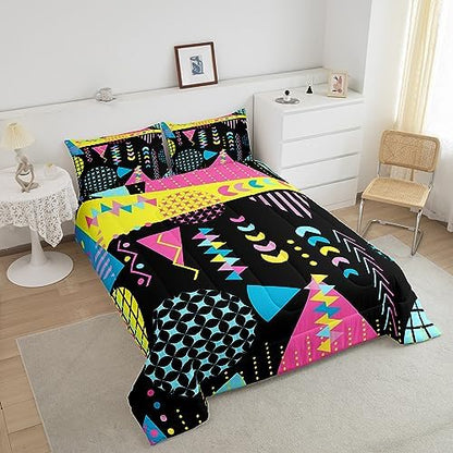 Manfei Memphis Comforter Set King Size, Retro 80s 90s Fashion Style Bedding Set 3pcs for Kids Boys Girls, Colorful Geometric Abstract Quilt Set Soft Polyester Duvet Set with 2 Pillowcases