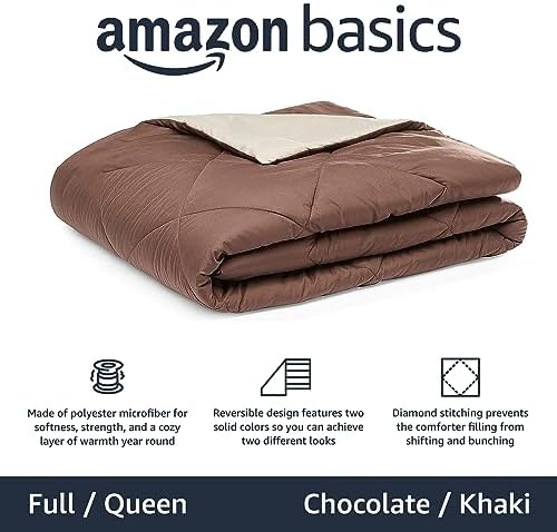 Amazon Basics Soft Comforter Blanket, Reversible Lightweight Microfiber All Season, Warm Bed Comforter, Full/Queen, Chocolate/Khaki