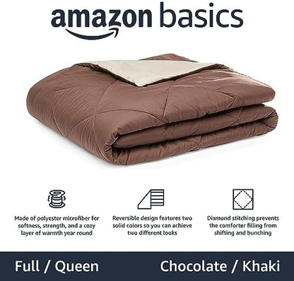 Amazon Basics Soft Comforter Blanket, Reversible Lightweight Microfiber All Season, Warm Bed Comforter, Full/Queen, Chocolate/Khaki
