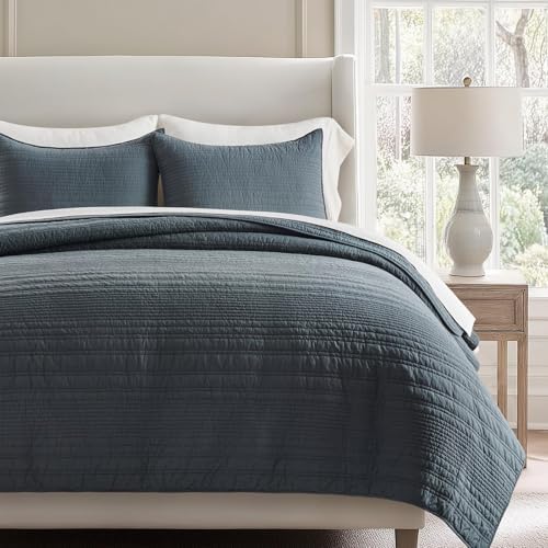 EVERGRACEHOME 100% Cotton Modern Lines Quilt Set King Size, Midnight Blue
