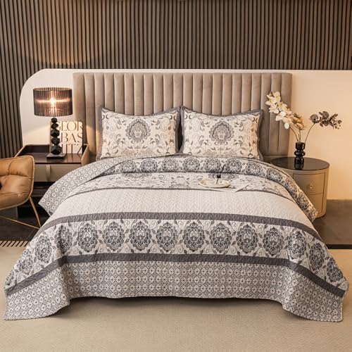 Nordic Style King Size Quilt Comforter Bedding Set -3 Pieces Red Quilts (1 Quilt, 2 Pillow Shams) Bedding Set, All Season Lightweight Bedspreads Sleep Companion(Grey)