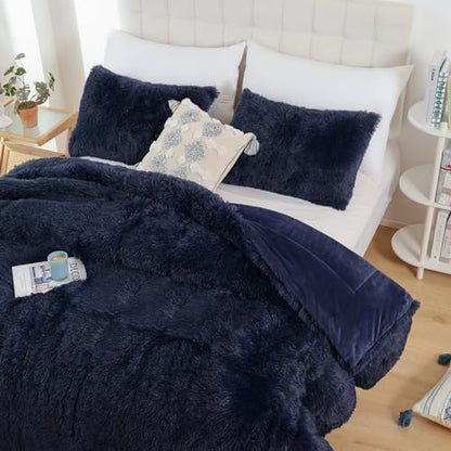 Smoofy Fluffy King Size Comforter Set Navy Blue Faux Fur Comforter Set 3Pcs