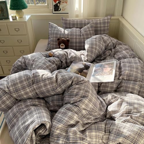 mixinni King Duvet Cover Set - 3 Piece Vintage Buffalo Plaid Bedding, 100% Washed Cotton Duvet Cover with 2 Pillowcases, Soft & Breathable Navy Beige White Geometric Grid Pattern for All Seasons