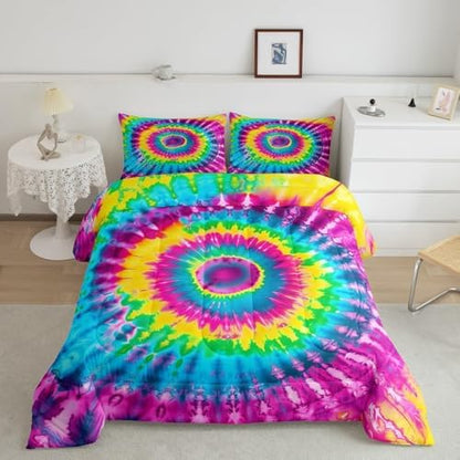 3 Piece Rainbow Tie Dye Comforter Set with 2 Pillowcases Boho Psychedelic Bedding Set for Kids Girls Teens Bohemian Gypsy Exotic Spiral Quilted Duvet Soft Comfy, Watercolor Art Down Comforter,King