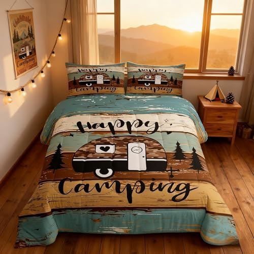Manfei Rustic Adventure Camper Kids Comforter Set Queen Size,Happy Camping Farmhouse Cabin Lake House Bedding Set,Wooden Plank Pine Nature Quilt Comforter,Brown Retro Duvet Insert,2 Pillowcases