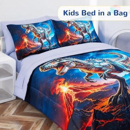Viviland Kids Bedding Set Twin Size Comforter Sets, Bed in Starry Dinosaur Cover Set for Children