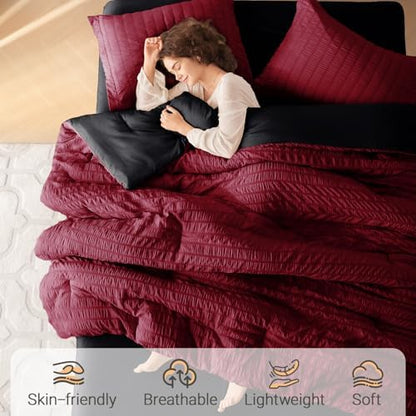 MUXHOMO 7 Pieces Oversized Queen Comforter Set, Seersucker Bed in a Bag Oversized Queen Size, All Season Luxury Bedding Set with Comforter, Flat Sheet, Fitted Sheet, Pillowcases & Shams, Red & Black