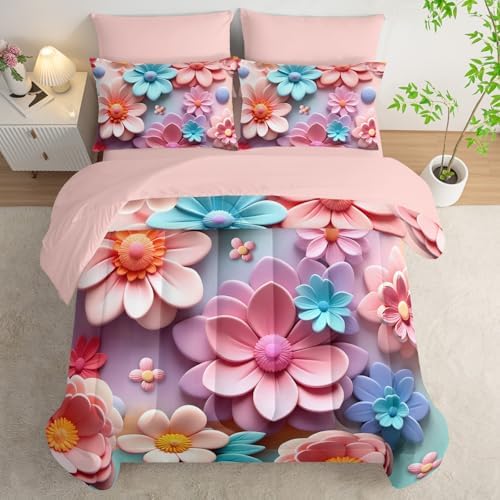 Pink Floral Comforter Set Queen Size Bed 7 Piece，Quilt Queen Size Bedding Set 7 Piece Farmhouse Blue Floral，(1 Comforter, 1 Flat Sheet, 1 Fitted Sheet, 2 Pillowcase and 2 Pillow Sham)