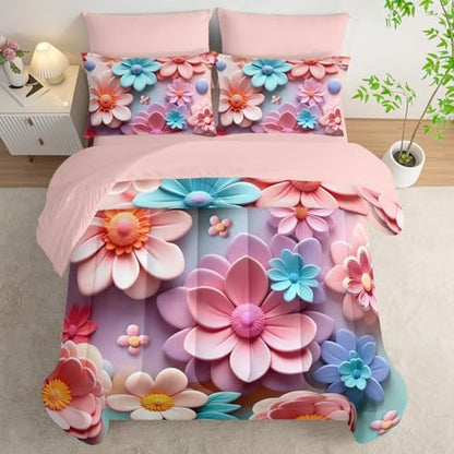 Pink Floral Comforter Set Queen Size Bed 7 Piece，Quilt Queen Size Bedding Set 7 Piece Farmhouse Blue Floral，(1 Comforter, 1 Flat Sheet, 1 Fitted Sheet, 2 Pillowcase and 2 Pillow Sham)