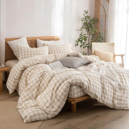 BESTOUCH Gingham Cotton Duvet Cover Set Almond Grey California King