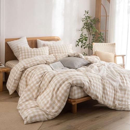 BESTOUCH Gingham Cotton Duvet Cover Set Almond Grey Oversized Full