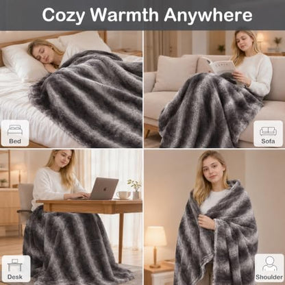 Eydna Electric Heated Blanket Throw Size 50"x60", Fast Heating Throw, Plush Faux Fur for Sofa & Office,4 Heating Levels & 4 Hours Auto Off, Machine Washable, Gifts for Womens-Gray White