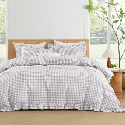 Andency Light Grey Gingham Duvet Cover Full, Ruffle Chic Bedding Set 3 Pcs