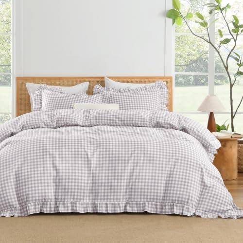 Andency Light Grey Gingham Duvet Cover King, Ruffle Chic Bedding Set 3 Pcs