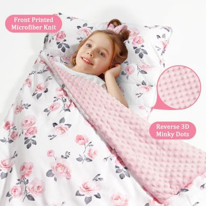 PHF Toddler Nap Mat with Removable Pillow and Minky Blanket, Rollup Design Kids Sleeping Mat, Slumber Bags for Girls, 50"x20" Toddler Sleeping Bag for Daycare Preschool Travel Camping, Floral